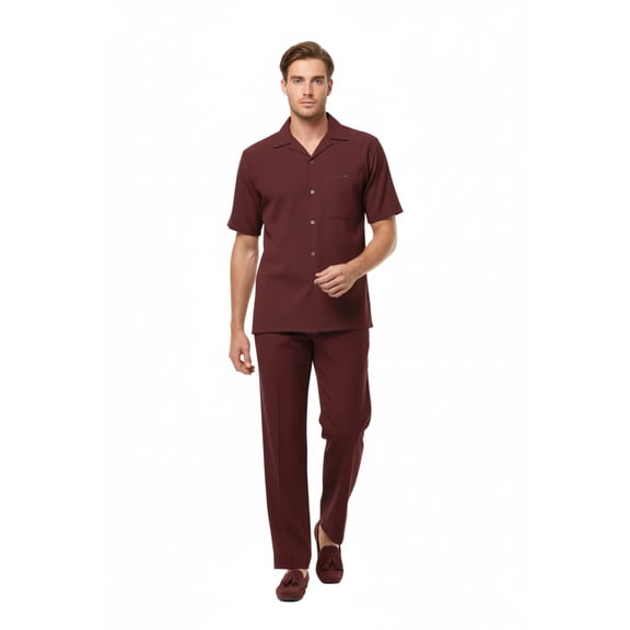 Men 2pc Walking Leisure Suit Short Sleeves By DREAMS 255-06 Solid Burgundy
