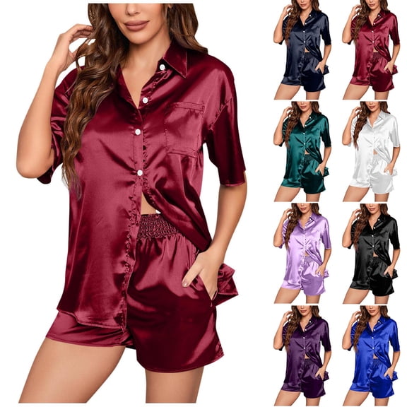Axiiglly Satin Pajama Sets for Women 2 Piece Short Sleeve V Neck Button Down Silk Pjs Shorts Lounge Sets Soft and Comfy, S-2XL