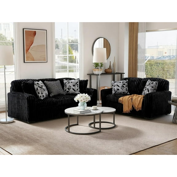 Roundhill Furniture Solenne 2-Piece Living Room Set, Oversized Sofa and Loveseat with Jumbo Corduroy Upholstery, Reversible Cushions, and Accent Pillows, Black