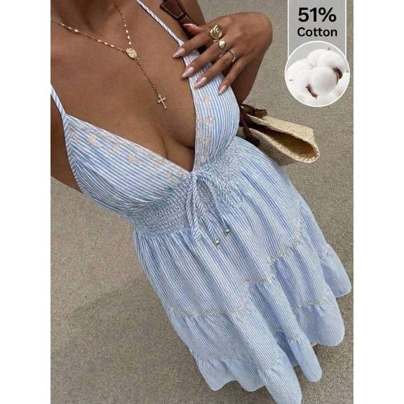 Womens Blue And White Striped Halter Maxi Dress V-Neck Smocked Waist