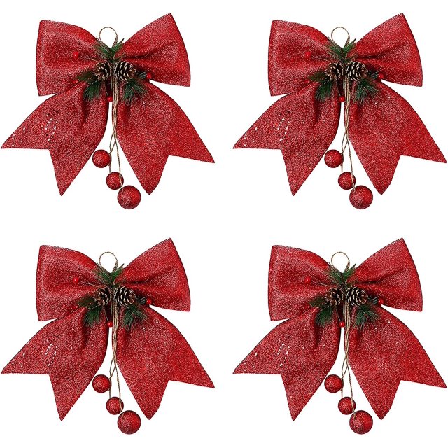 4 piezas de lazos navideños decorativos, lazos navideños, lazos navideños, adornos navideños, lazos navideños rojos, lazos navideños