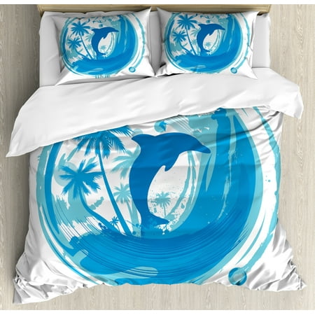 Tropical Queen Bedding Sets Dolphin Queen Size Duvet Cover Set, Tropical Theme Maritime Image Ocean Inspired Image Exotic Trees and Birds Print, Decorative 3 Piece Bedding Set with 2 Pillow Shams, Blue Turquoise, by Ambesonne ()