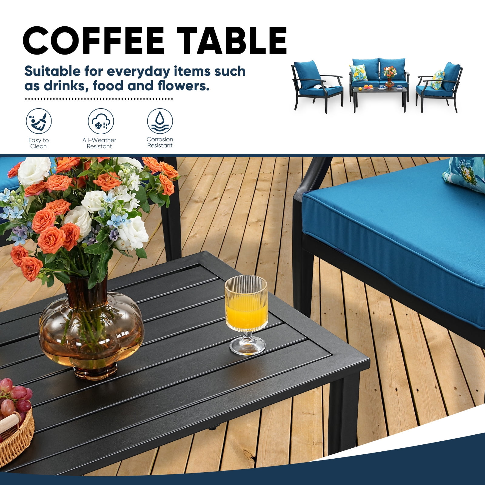 TerraRelax 4 Piece Outdoor Patio Furniture Set, Oversized Metal Conversation Set with High Back & Deep Seating, Water-Repellent Cushions, Coffee Table for Porch, Deck, Backyard, Peacock