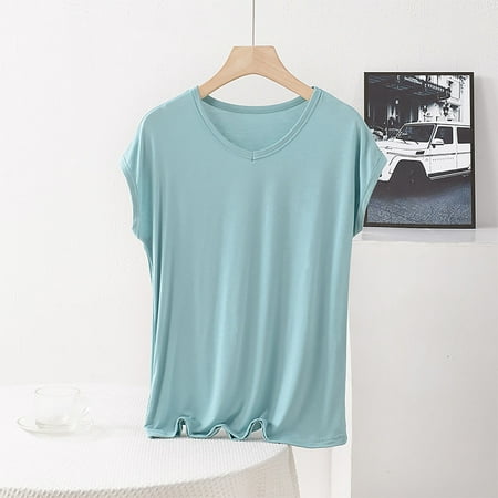 tarylea Plus Size Pajama Tops for Women Short Sleeve V Neck Solid Color T-Shirts Casual Loose Comfy Summer Lounge Tops