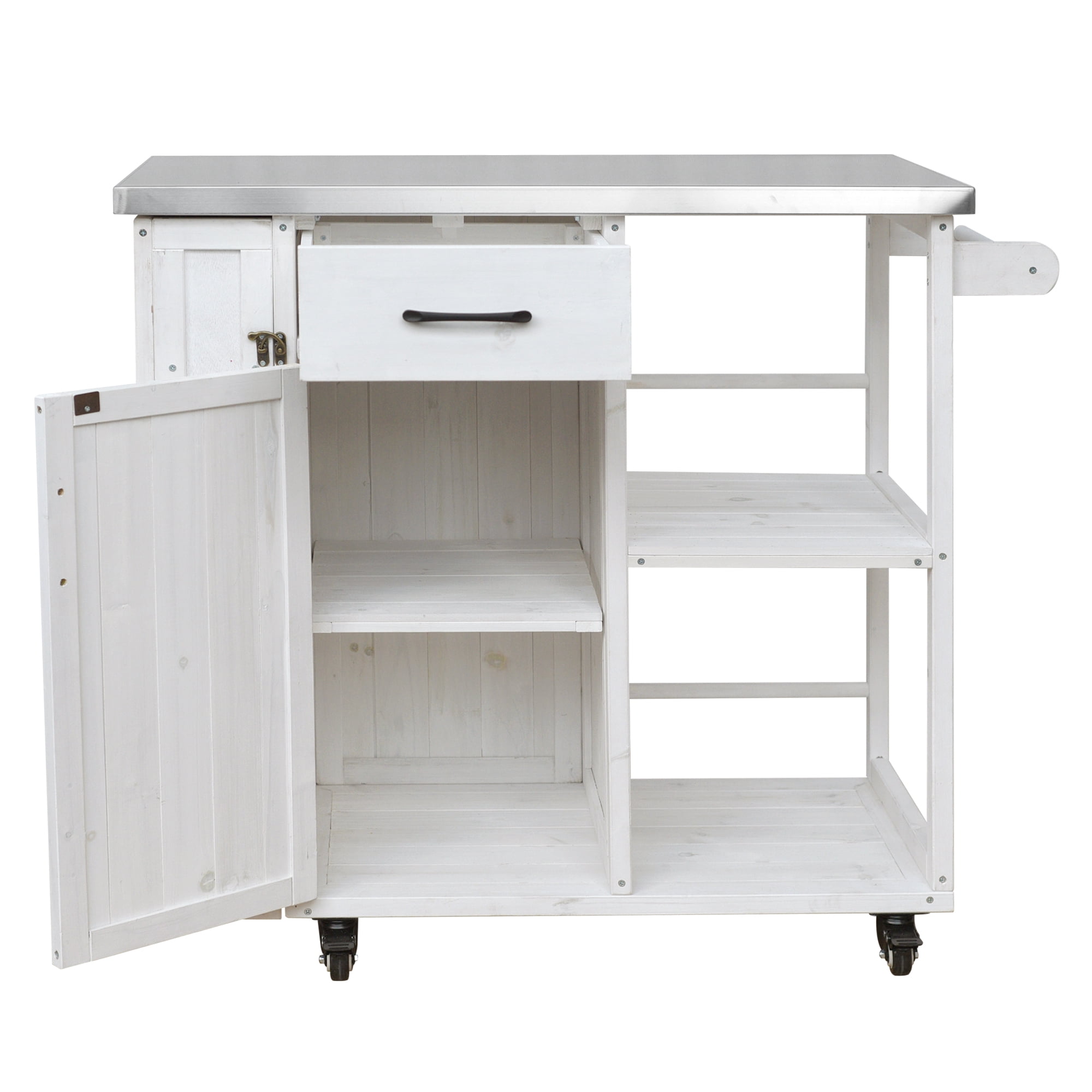 Fir Wood Kitchen Prep Station, Lockable Outdoor Cart with Stainless Steel Top for Patio, White