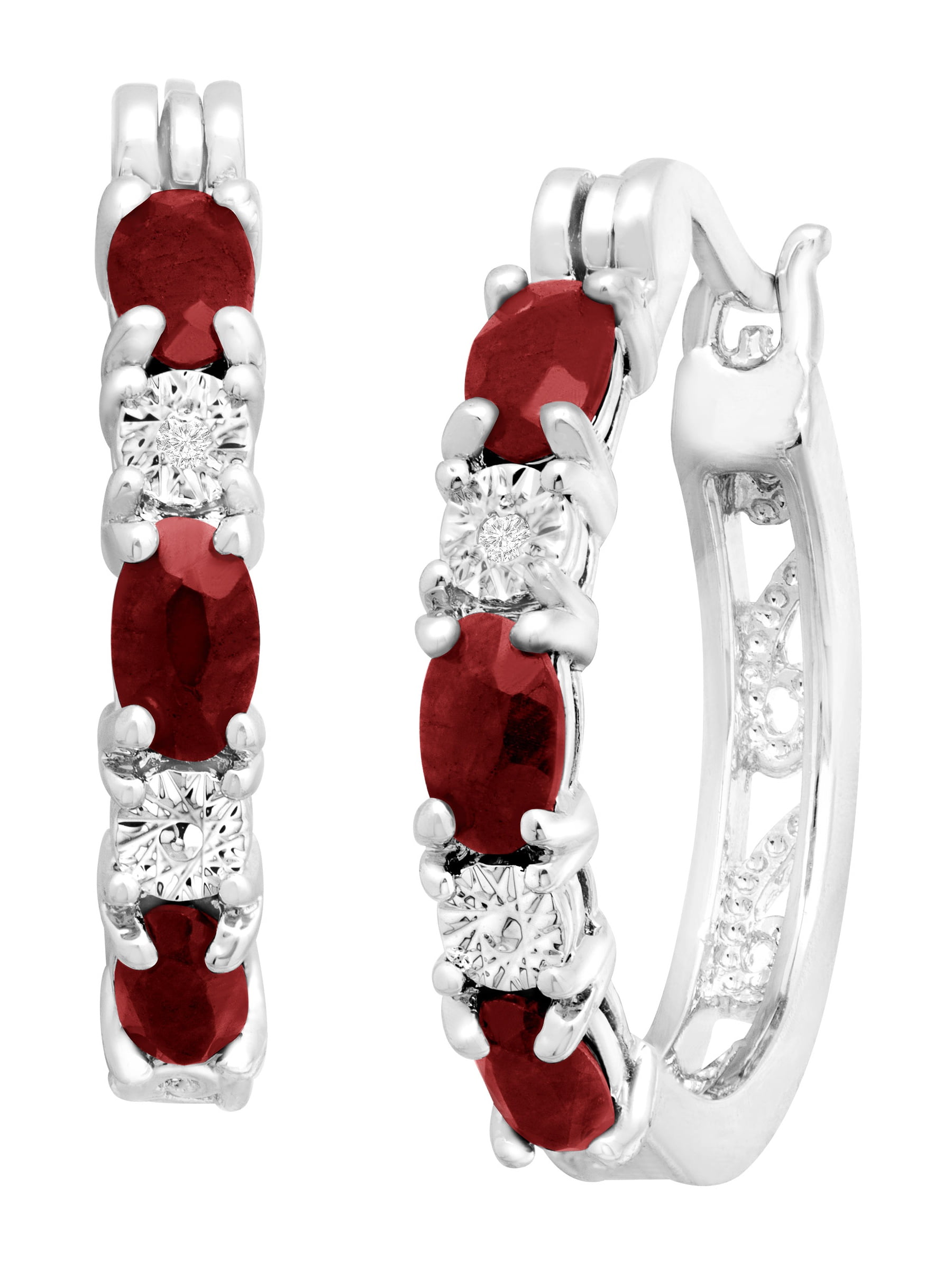 Finecraft - 1 1/2 ct Natural Garnet Hoop Earrings with Diamond Accents in Platinum-Plated Brass