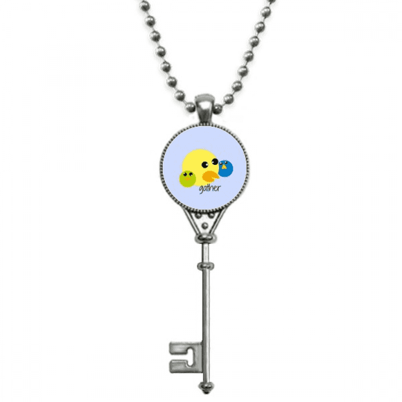 Three Bird Gather Art Deco Fashion Pendant Vintage Necklace Silver Key Jewelry