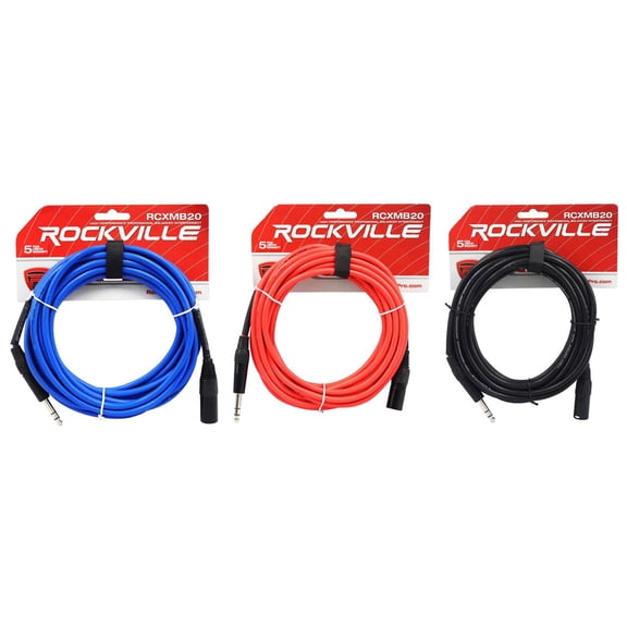 3 Rockville 20' Male REAN XLR to 1/4'' TRS Balanced Cable OFC (3 Colors)