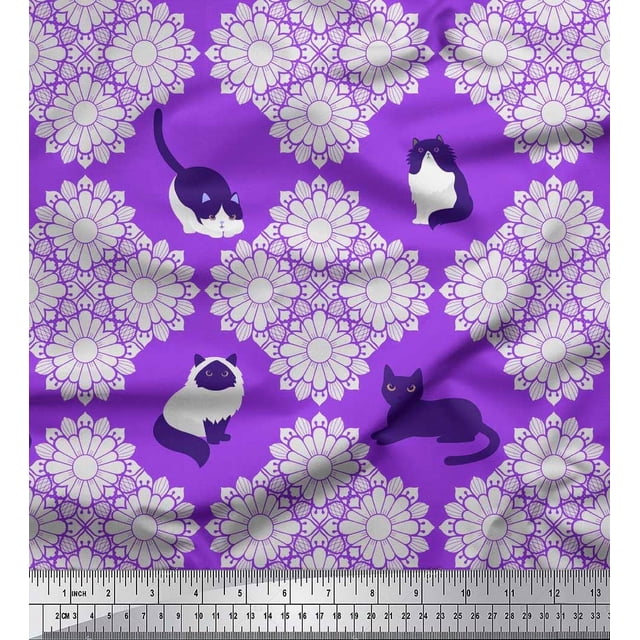 Soimoi Polyester Crepe Fabric Floral & Cat Animal Printed Craft Fabric by The Yard 42 Inch Wide