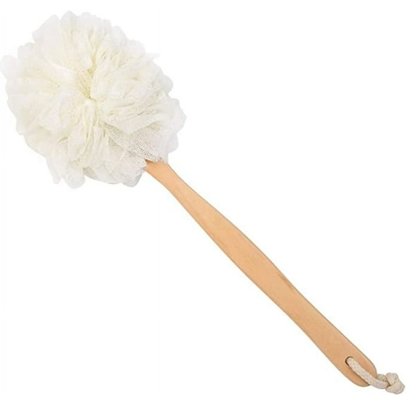 Shower Loofah with Handle, Exfoliating Loofah Luffa Loofa Bath Brush On a Stick, Long Wooden Handle Back Brush For Men & Women, Body Back Scrubber, White