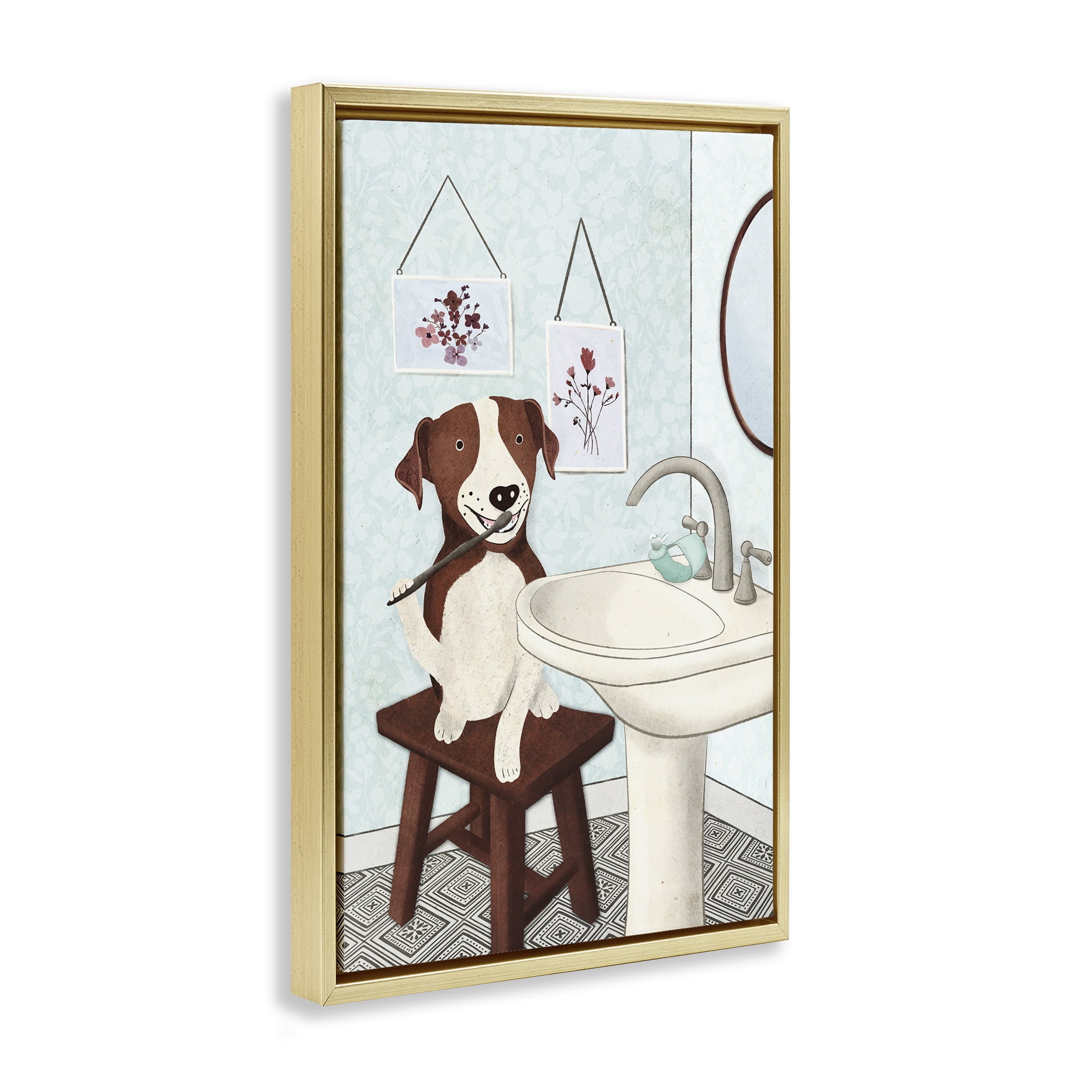Stupell Industries Dog Brushing Teeth Typography Painting Gold Floater Framed Canvas Art Print Wall Art, 21 x 31