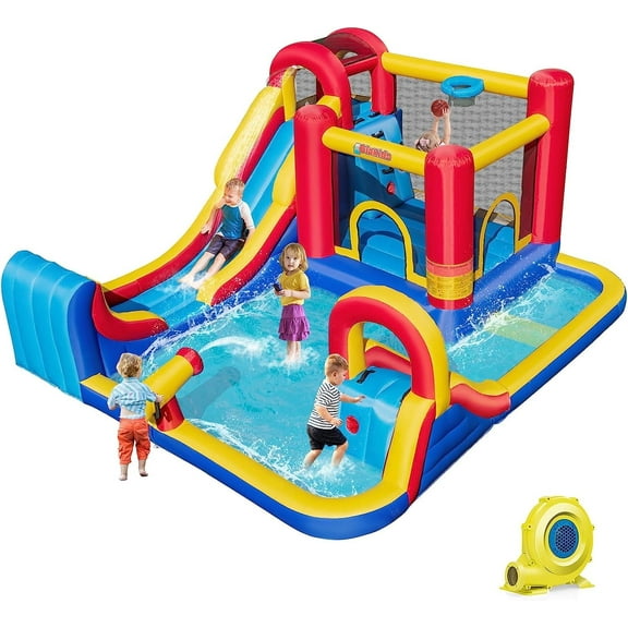 OLAKIDS Inflatable Water Slide, 8 in 1 Bounce House Water Park with 2 Slides Splash Pools, Climbing Wall, Water Blaster, Basketball Rim, Outdoor Inflatable Obstacle Course for Kids Backyard