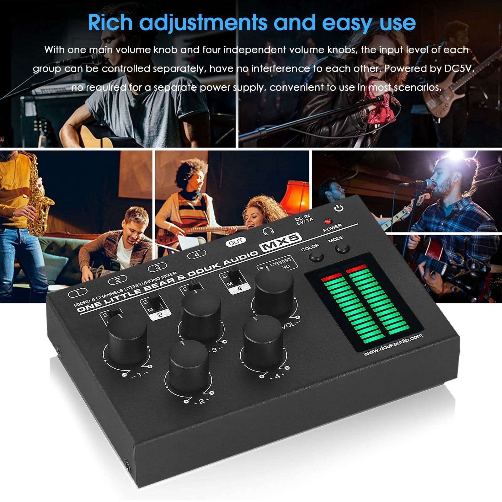 Little Bear MX5 Mono/Stereo 4 Channel Audio Mixer Ultra Low-Noise Line Mixer 6.35/3.5mm LED Level Meter for home/Studio ,Easy to Operate