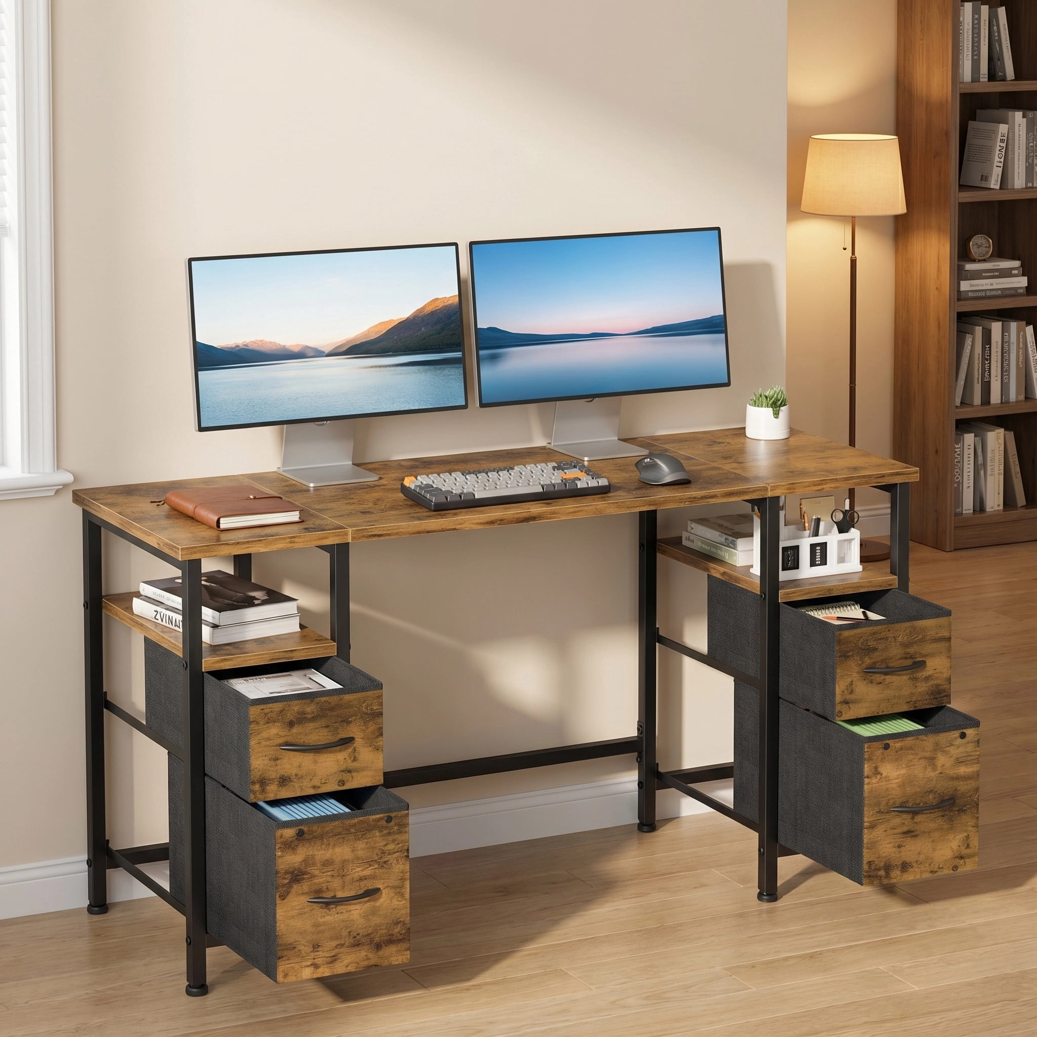 HIGDBFE 47 Inch Computer Desk with 4 Fabric File Drawers, Office Desk with Storage, Gaming Writing Table for Home Office Bedroom, Rustic Brown