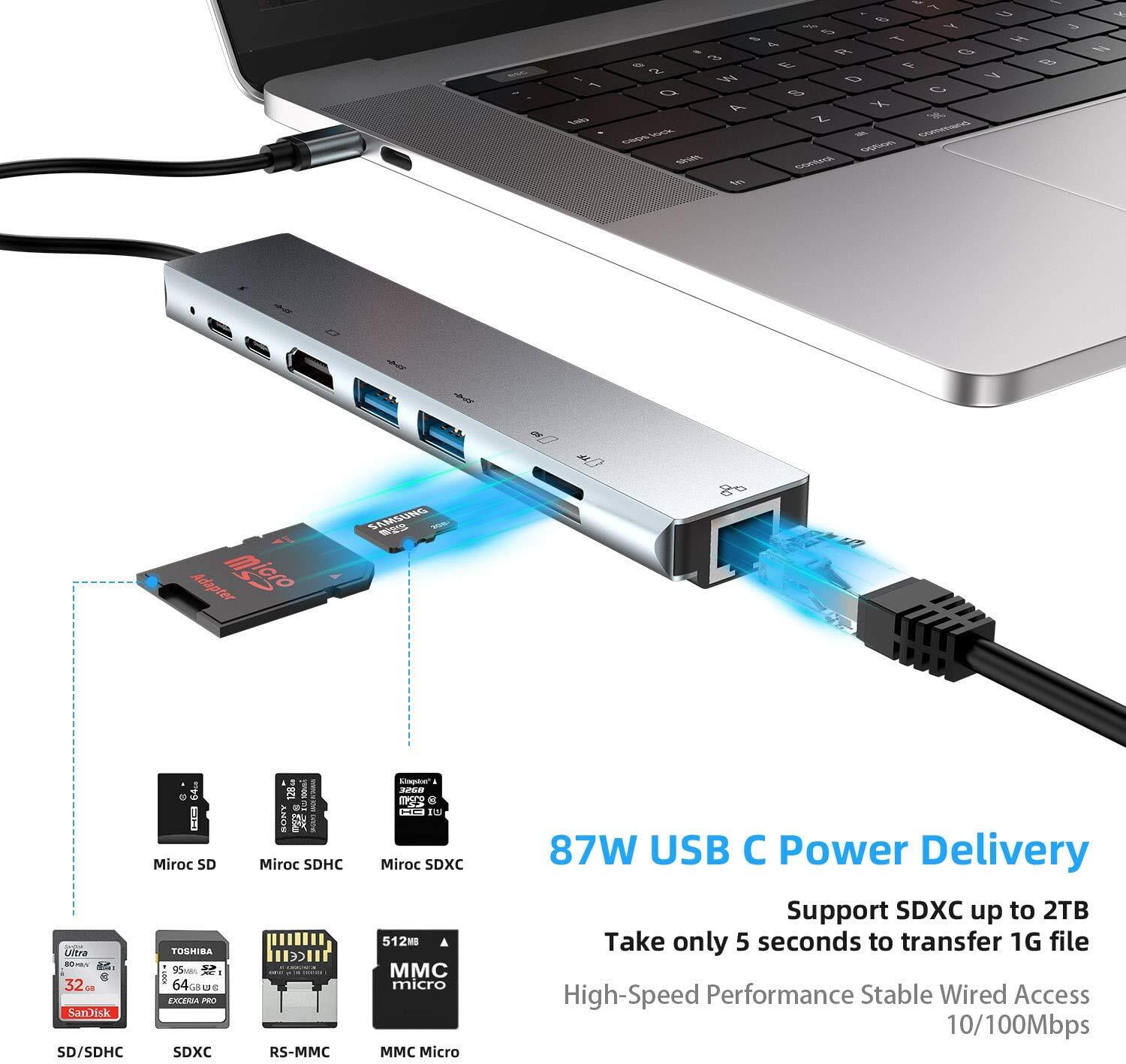 USB C Hub, 8-in-1 USB C to USB Adapter, 4K HDMI Adapter Multiport Dongle, 3 USB 3.0 and SD/TF Card Slots, USB Converter Splitter Adapter Compatible with Laptop, MacBook Pro, and More Type C Devices