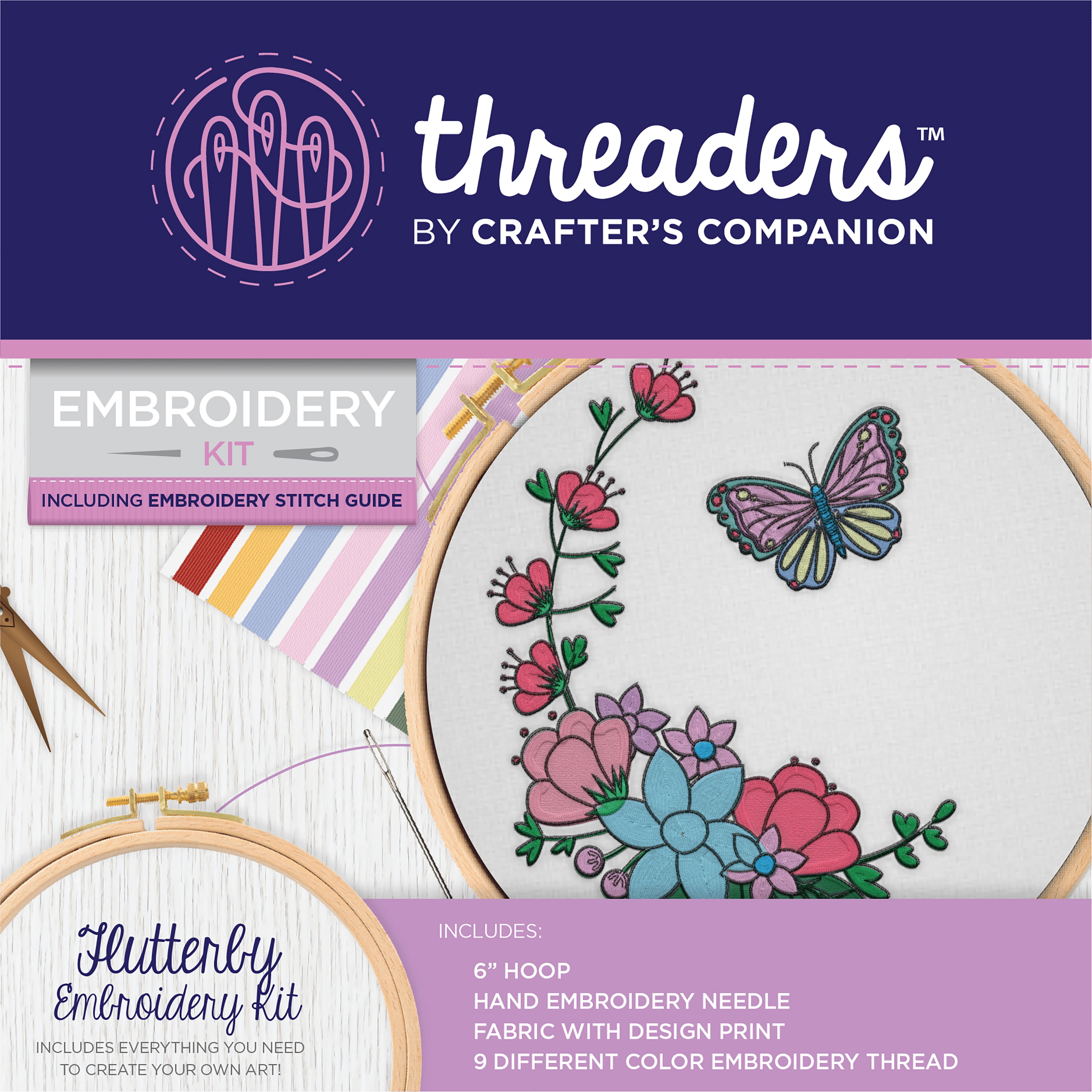 Crafter's Companion Threaders Embroidery Kit 6"X6"Flutterby Walmart