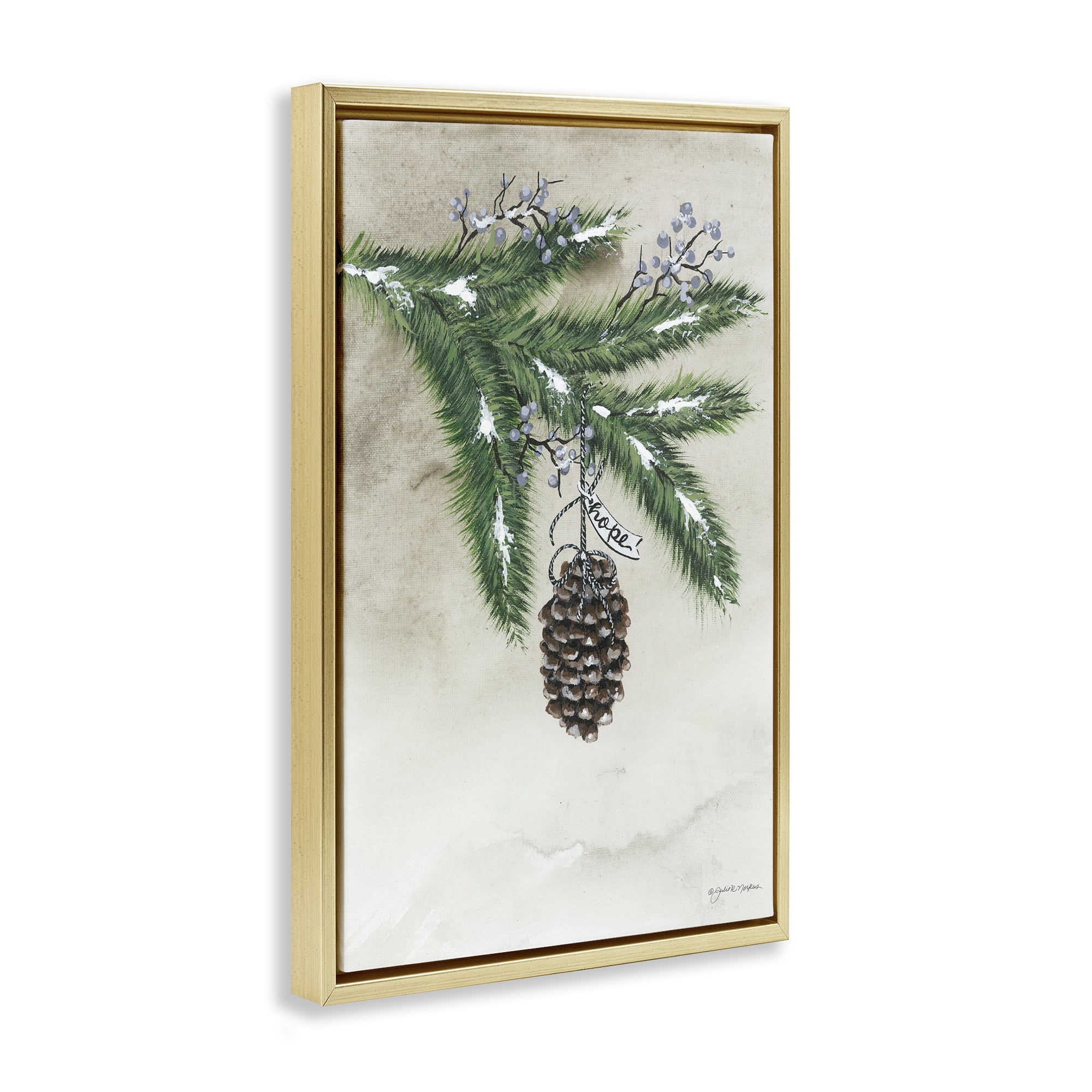 Stupell Industries Dangling Rustic Pine Cone Botanical & Floral Painting Gold Floater Framed Art Print Wall Art, 21 x 31