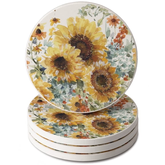 Thirstystone Sunflowers Forever 4-Pack Round Absorbent Stone Coasters