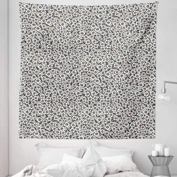 Grey and White Tapestry, Smelling Daisies in the Flowers of Heaven Orderly Repeated Pattern, Fabric Wall Hanging Decor for Bedroom Living Room Dorm, 5 Sizes, Apricot and Dimgray, by Ambesonne