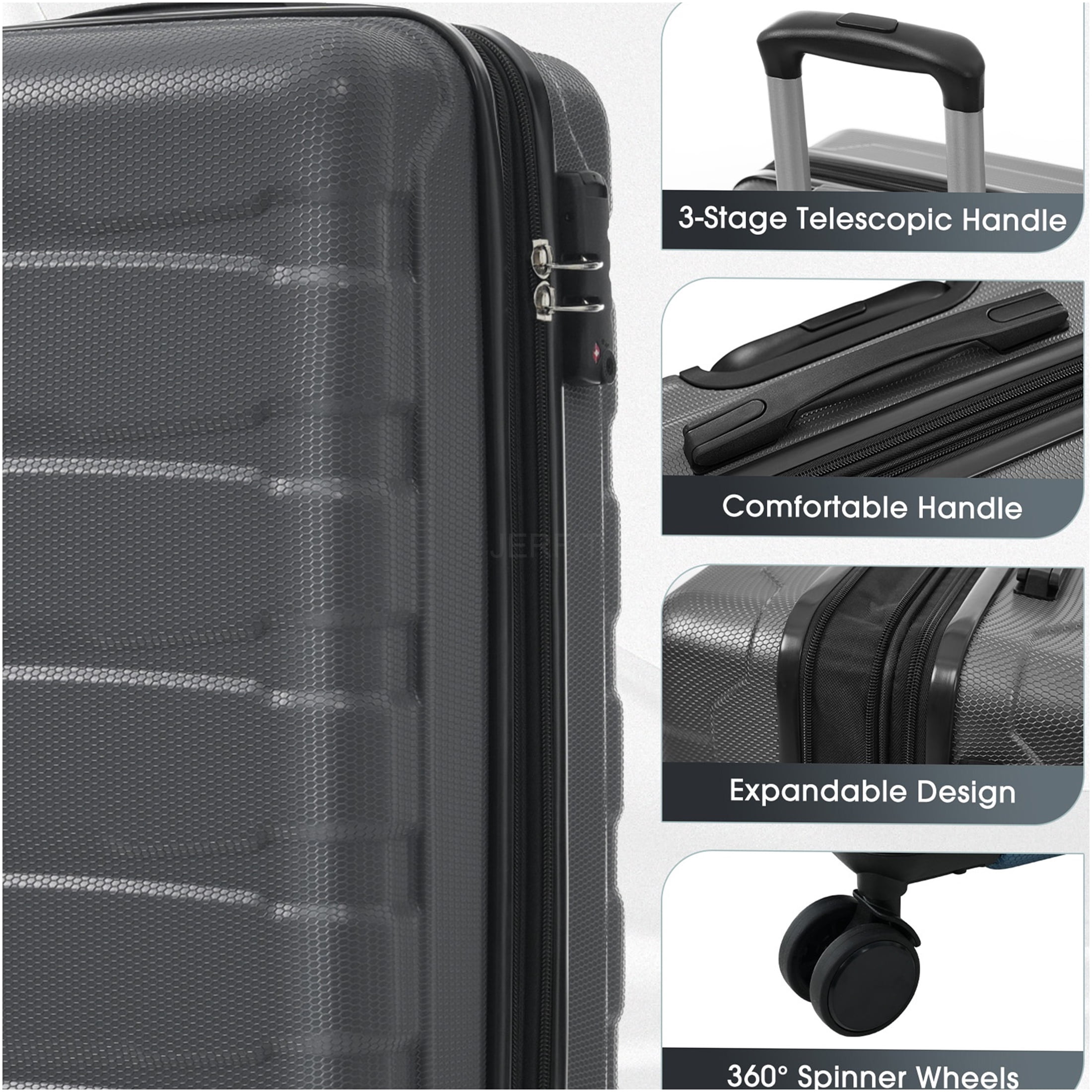 JERFIT Gray Hardshell Carry on Luggage 20 Inch Expandable Spinner Suitcase with TSA Lock