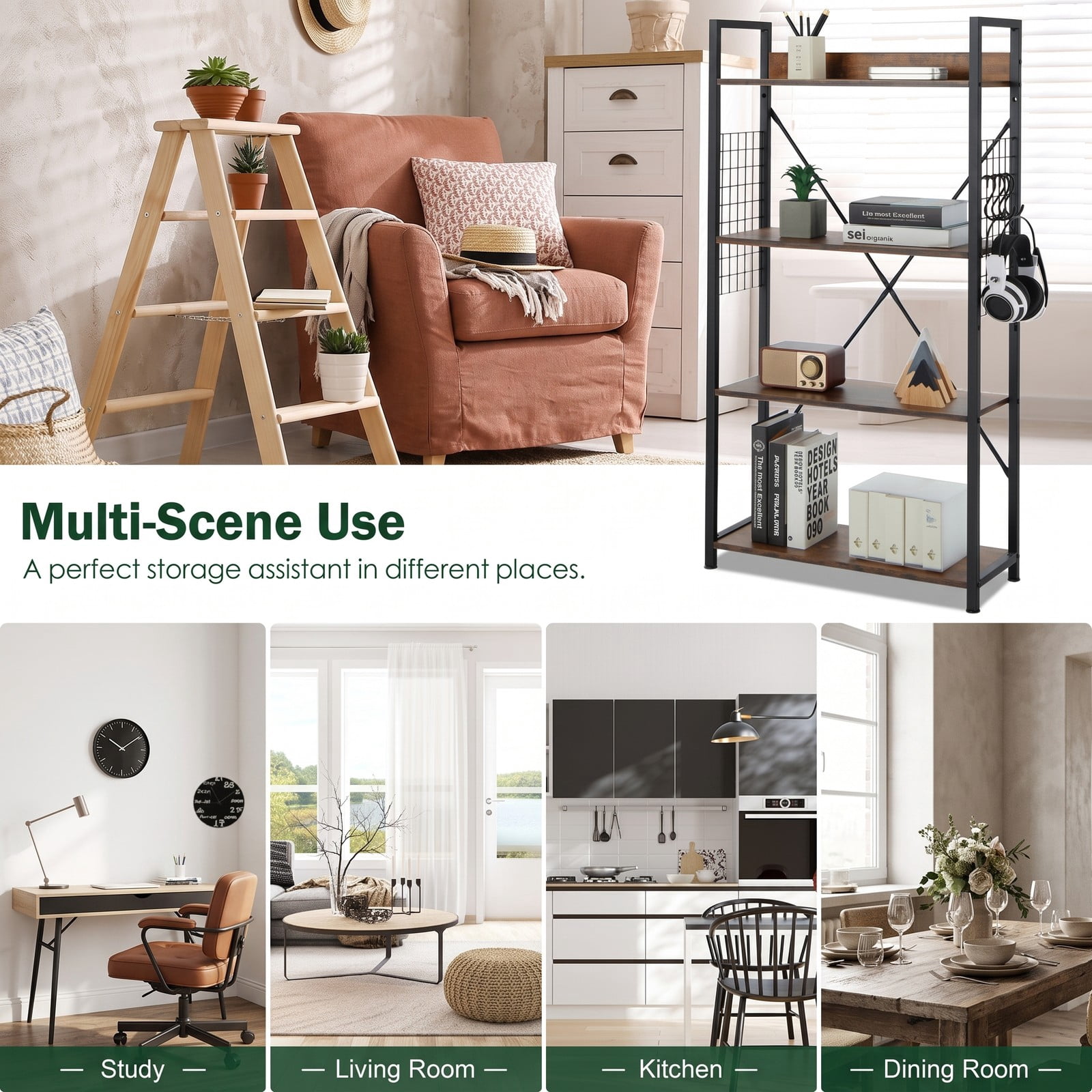 Furnibear 4-Tier Industrial Open Storage Bookshelf, Freestanding Wood Steel Bookcase Display Shelf with S-Hooks & Anti-Toppling Device for Living Room Office, Coffee