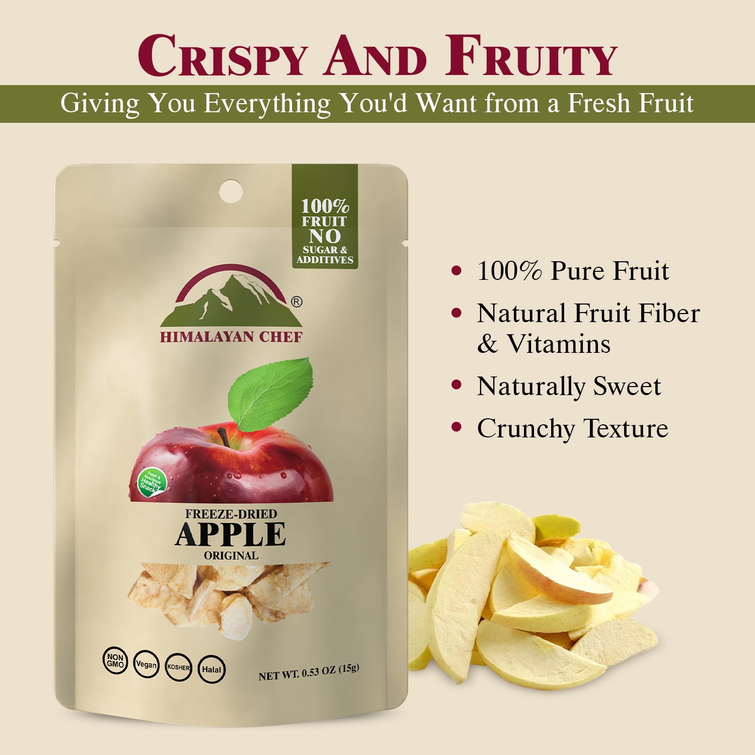 Himalayan Chef Freeze-Dried Apple 15g/Each (Pack of 10) | Organic Dried Fruit Snacks, Healthy Snack for Kids & Adults | Baby Snacks, Freeze-Dried Fruit