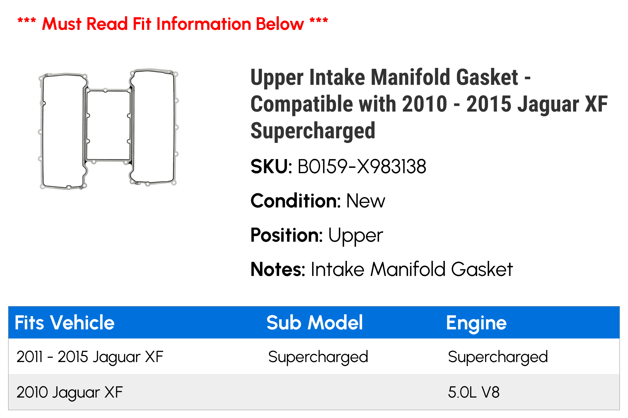 Upper Intake Manifold Gasket - Compatible with 2010 - 2015 Jaguar XF Supercharged 2011 2012 2013 2014