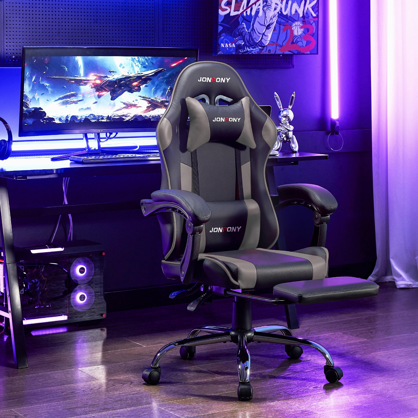 JONPONY Big and Tall 400LBS Gaming Chair, Ergonomic Design, Gamer Chair PU Leather with Footrest and Lumbar Support, High Back Office Chair Support 8 Hours Long Sitting, Computer Chair,Black Grey