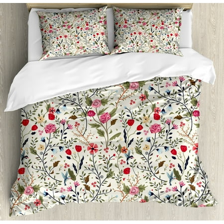 Bright Colored Bedding Sets Floral Duvet Cover Set, Vibrant Colored Complex Image Birds with Roses Leaves and Polka Dots Nature Scenery, Decorative Bedding Set with Pillow Shams, Multicolor, by Ambesonne ()