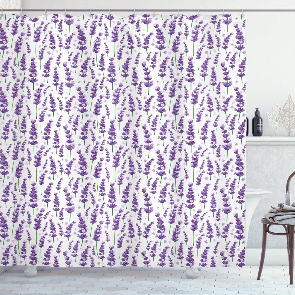 Lavender Shower Curtain, Pattern with Blossoming Herbs Organic Fresh