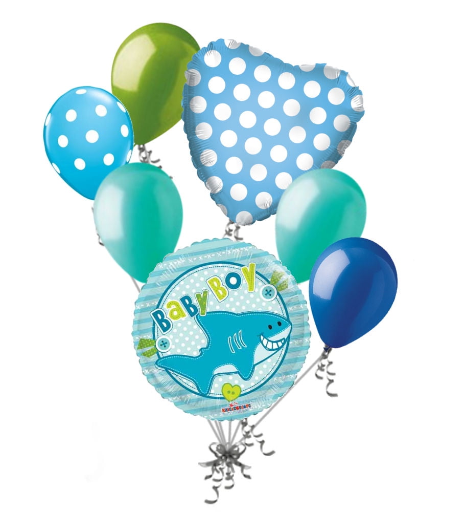 7 pc Baby Boy Shark Balloon Bouquet Party Decoration Welcome Shower Blue Fish