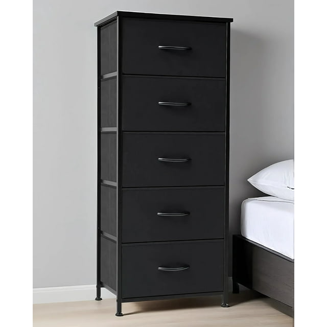 Commode à 5 Tiroirs Tour de Rangement Verticale Organisateur Tables de Nuit pour Chambre Cadre en Acier, Noir