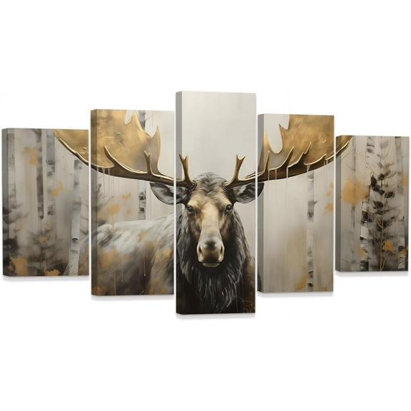 ZHONGYUTONG Moose Canvas Wall Art 5 Pieces Elk Deer Pictures Wildlife Painting Print Vintage Rustic Cabin Farmhouse Wall Decor Framed (8"x14"x2 8"x18"x2 8"x22"x1)