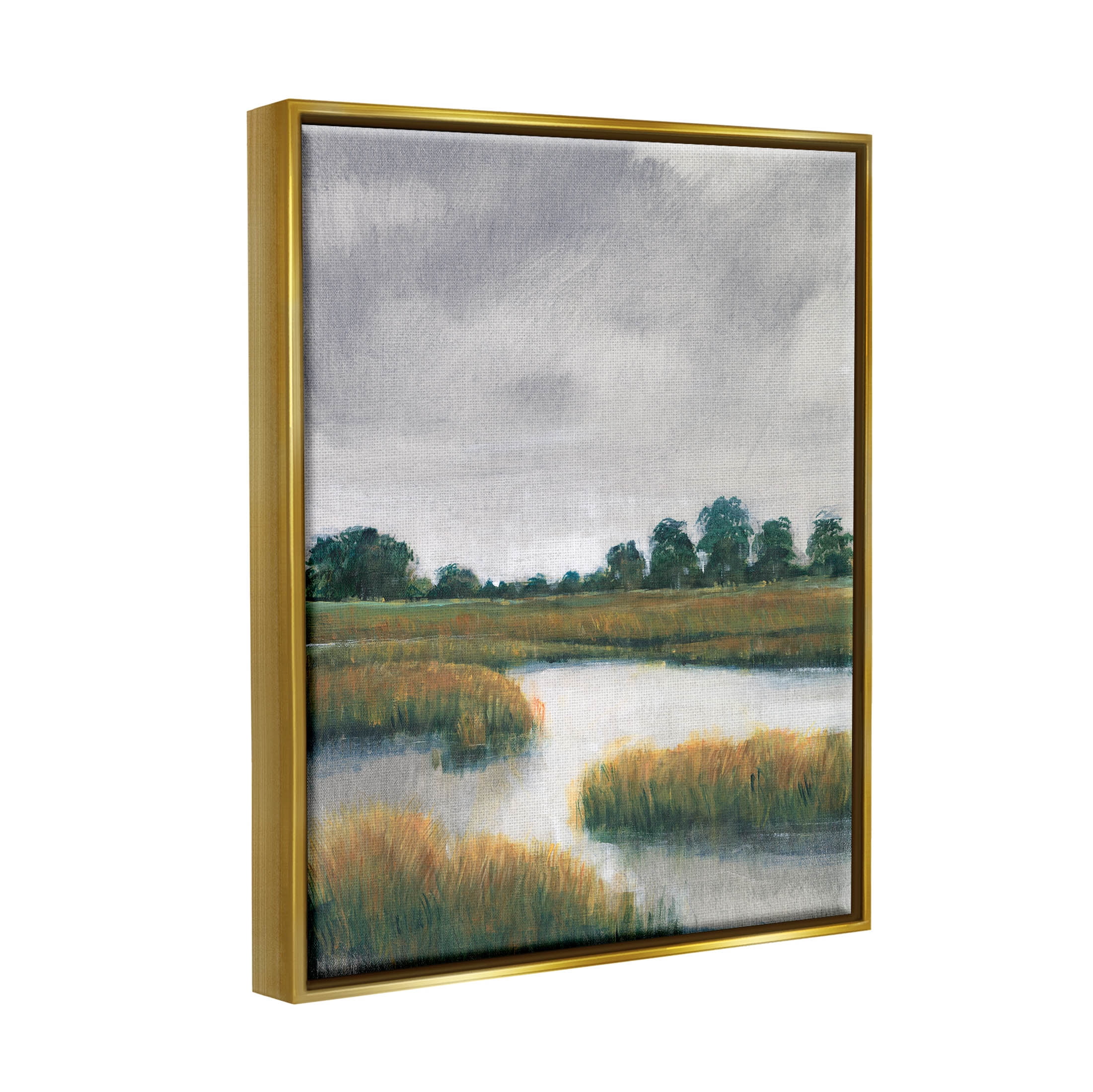 Stupell Industries Cloudy Rural Marsh Landscape Painting Metallic Gold Floating Framed Canvas Print Wall Art, Design by Tim OToole