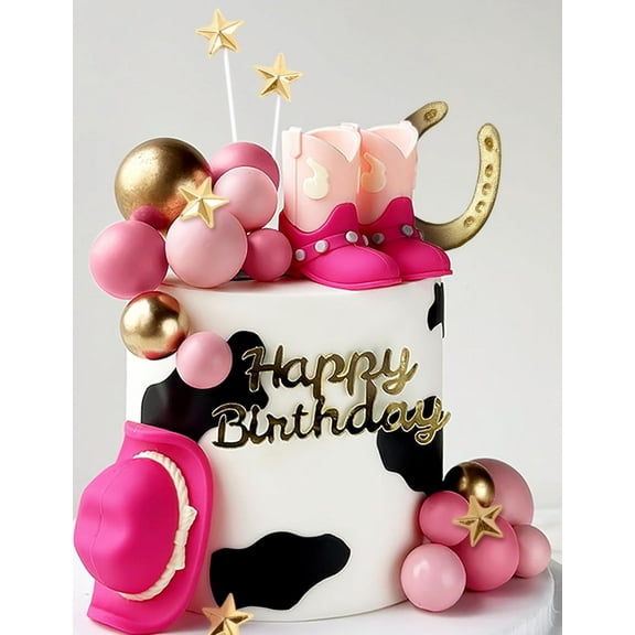 Western Cowboy Birthday Cake Decoration Set - Pink Sweet and Cool Theme Metal Accessories, Customizable Baking Inserts for Kids' and Girls' Parties