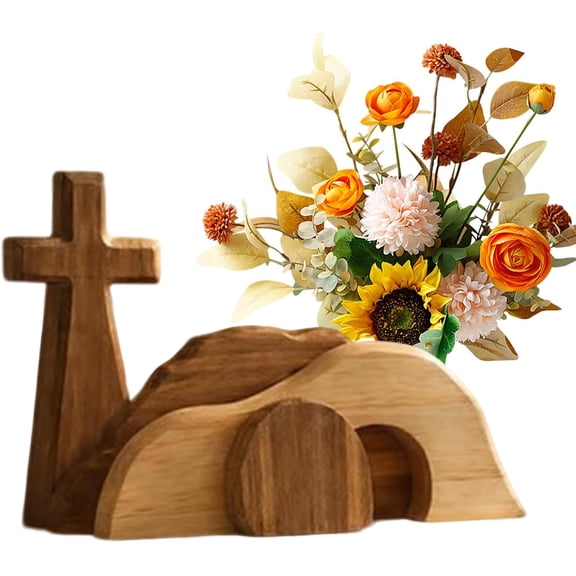 Empty Tomb Easter Scene Decoration Set, Wooden Jesus Resurrection Cross and Tomb Tray Display, Religious Easter Kit for Home Tabletop Gift