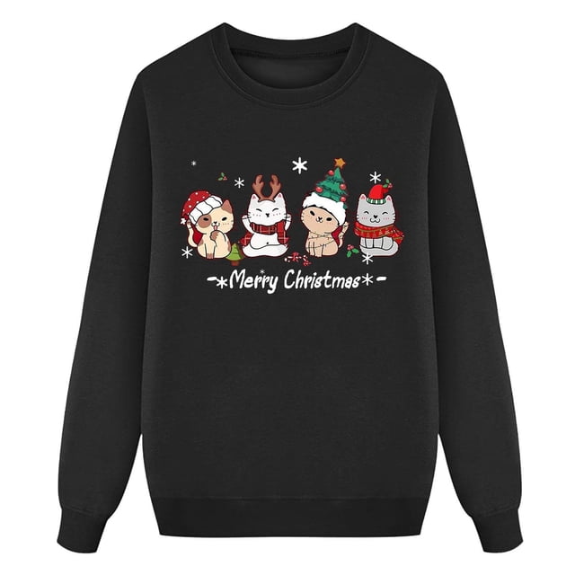 TIEVOSA Fille Décontractée Noël Mignon Chat Flocon de Neige Père Noël Typographie Graphique Col Rond Chemise à Manches Longues
