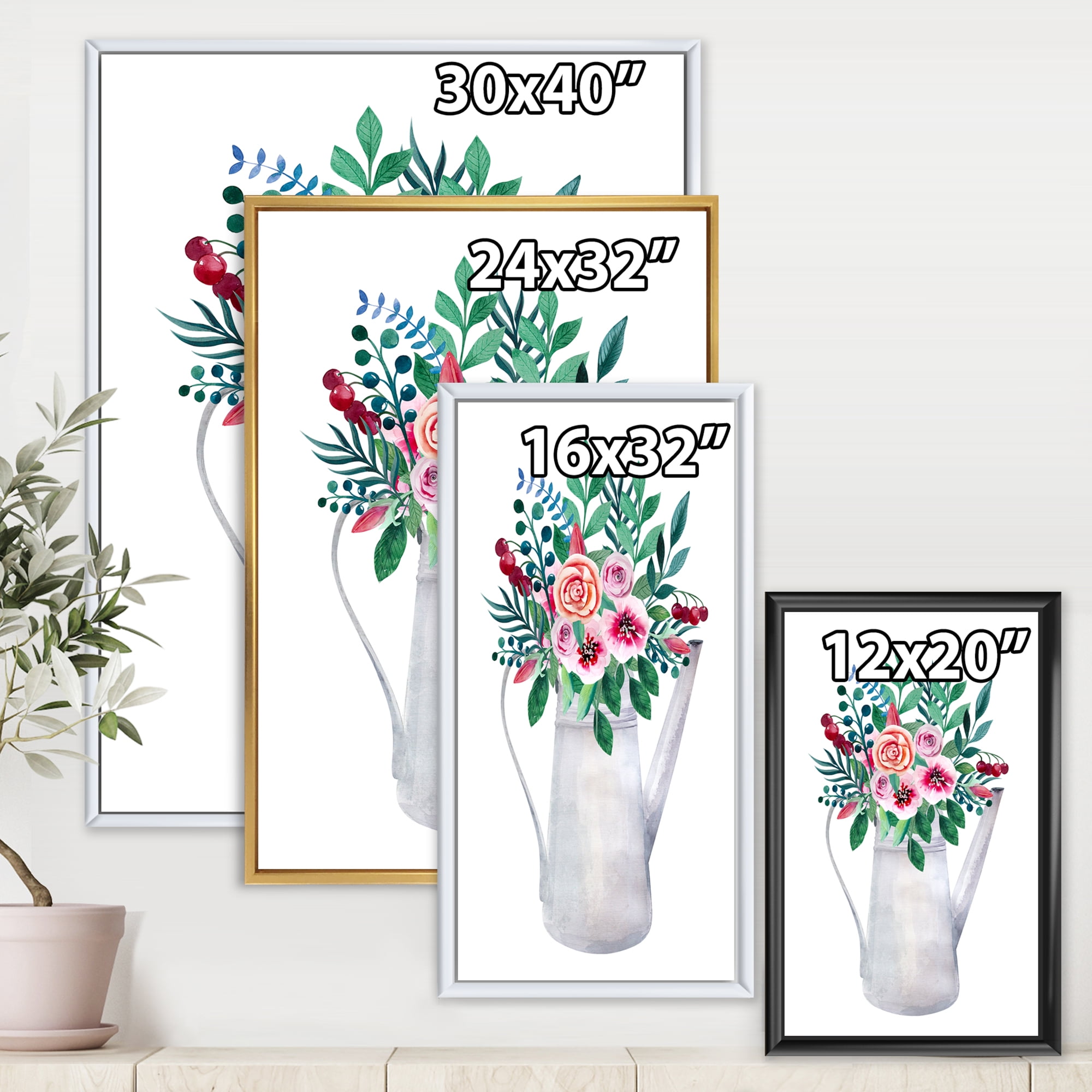 Designart 'Bouquets of Flowers In Rustic Flowering Pot With Berries' Traditional Framed Canvas Wall Art Print