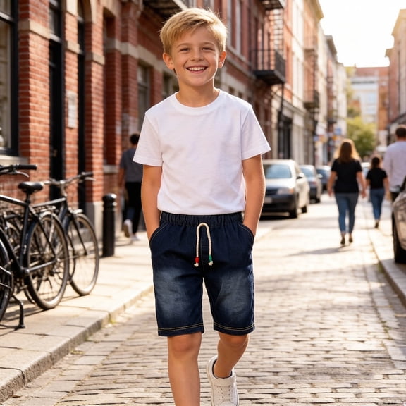 FSYBOA Boys Denim Shorts, Drawstring Elastic Waist Casual Knee Length Jean Summer Shorts Navy Size 10-12T