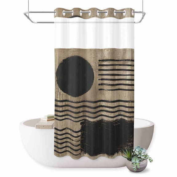 No Hook Shower Curtain, Brown Black Geometric Shower Curtains for Bathroom with See Through Top Window, Retro Modern Striped Abstract Waterproof & Washable Bath Curtain Stand Up Stall 36"x72"