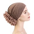 thumbnail image 4 of VJGBEGW Lace Trim Pre-Tied Turban Headscarf Hat for Women Floral Lace Ruffle Side Chemo Head Wrap Soft Stretch Breathable Hair Cover Head Scarf Cap Coffee One Size, 4 of 4