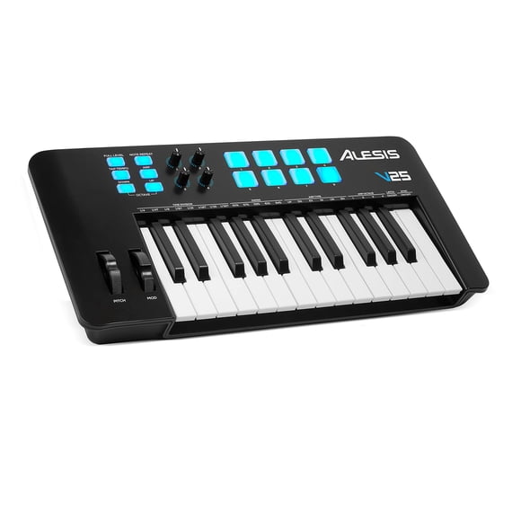 Alesis V25 MKII Controlador de teclado MIDI USB con 25 teclas sensibles a la velocidad, 8 pads de nivel completo, arpegiador, rueda de tono/modificación, repetición de notas y paquete de software, neg