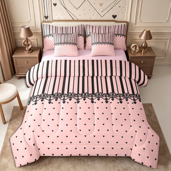 Castle Fairy Retro Lace Trim Stripe 7-Piece Twin Bedding,Minimalism Heart Grid Bedding Comforter Set,Pink Black,Reversible