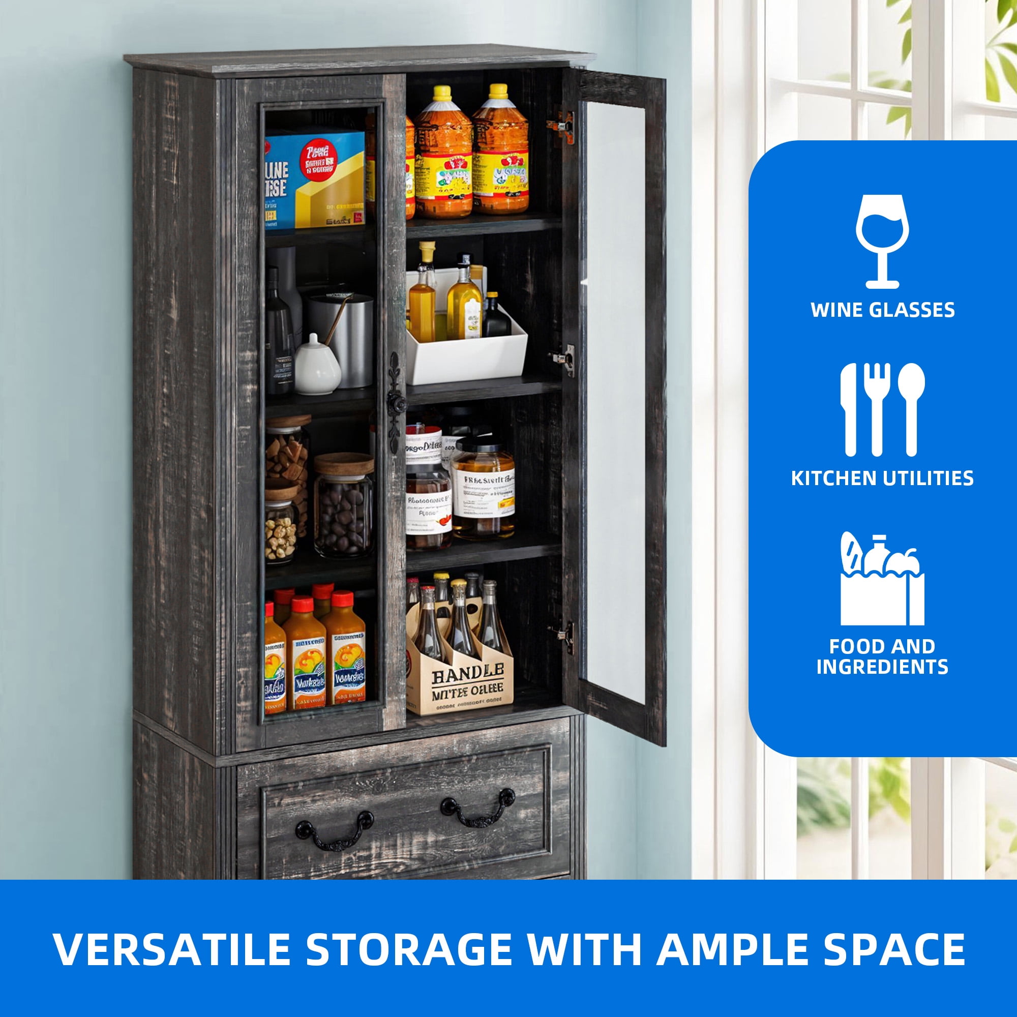 Dextrus 76'' Kitchen Pantry Cabinet with 2 Drawers, Tall Storage Cabinet with Glass Doors & Adjustable Shelves, Dark Rustic Oak