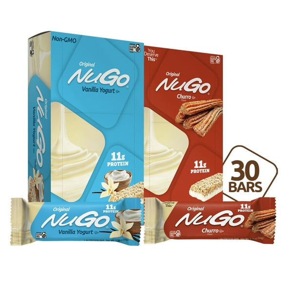 NuGo Original Variety, Vanilla Yogurt 15 bars  Churro 15 bars, 11g Protein, Gluten Free, 30 Count