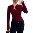 thumbnail image 2 of Women's Metal Ring Long Sleeve Asymmetrical Neck T Shirt Slim Fit Ruched Going Out Tops Wine Red XXL, 2 of 9