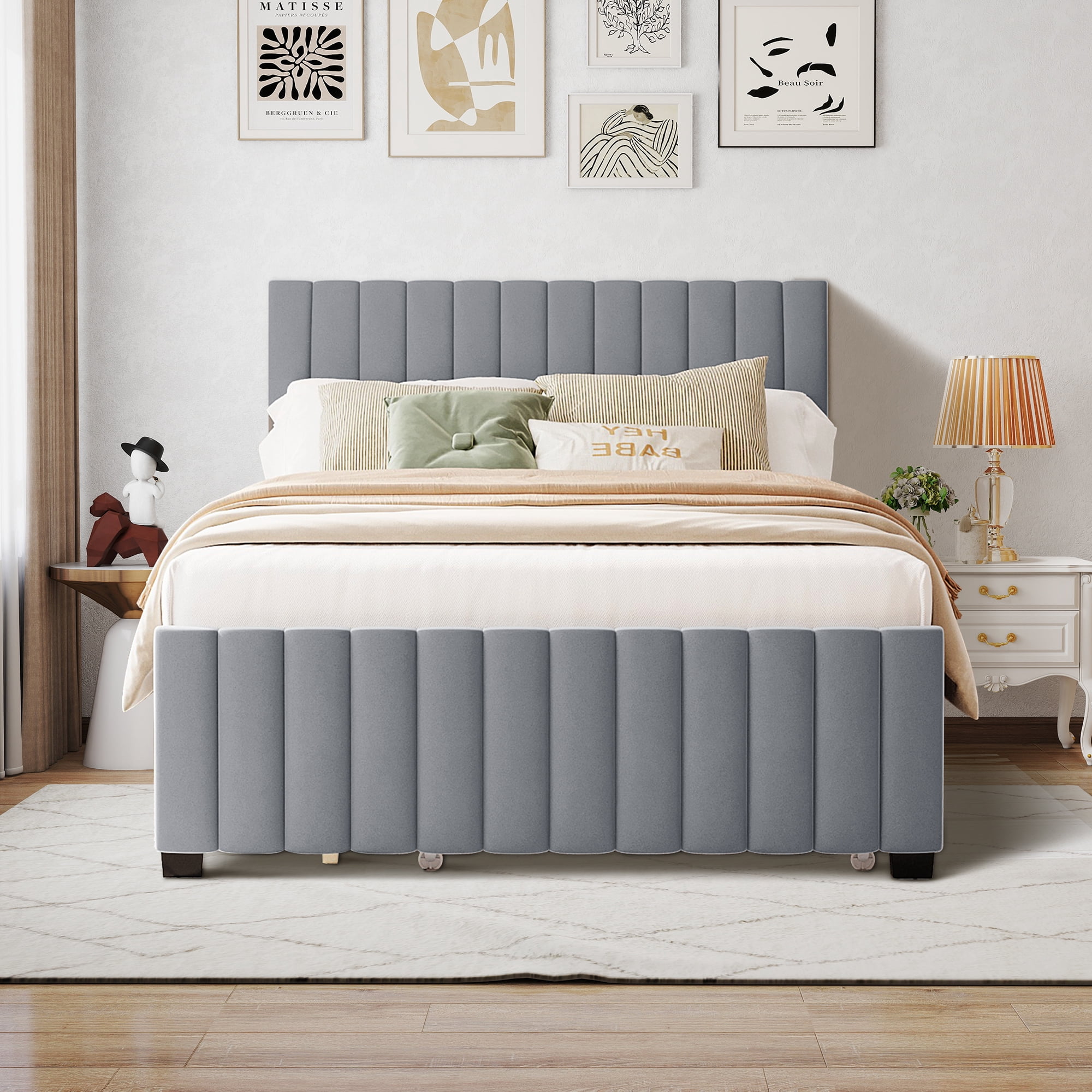 Aukfa Full Size Upholstered Platform Bed Frame with Twin Size Trundle for Bedroom,Guestroom, Gray