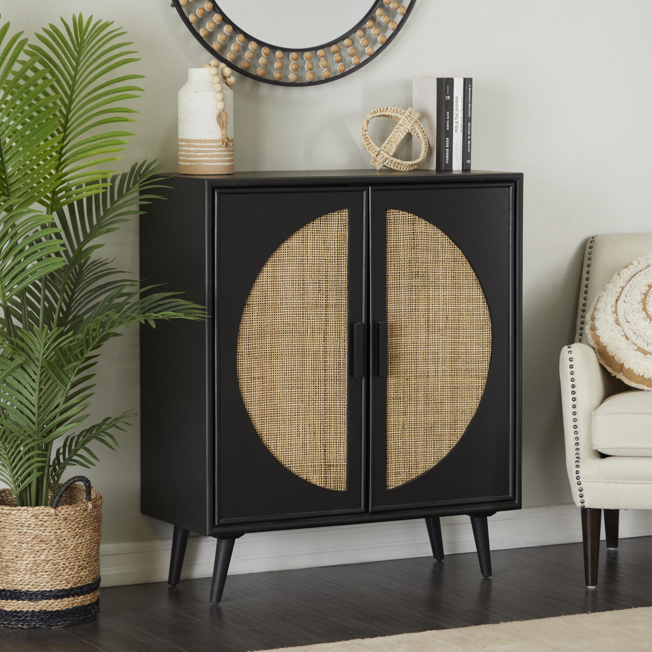 DecMode 36" x 43" Black Wood Square 2 Door Geometric Cabinet with Circular Rattan Accent, 1-Piece