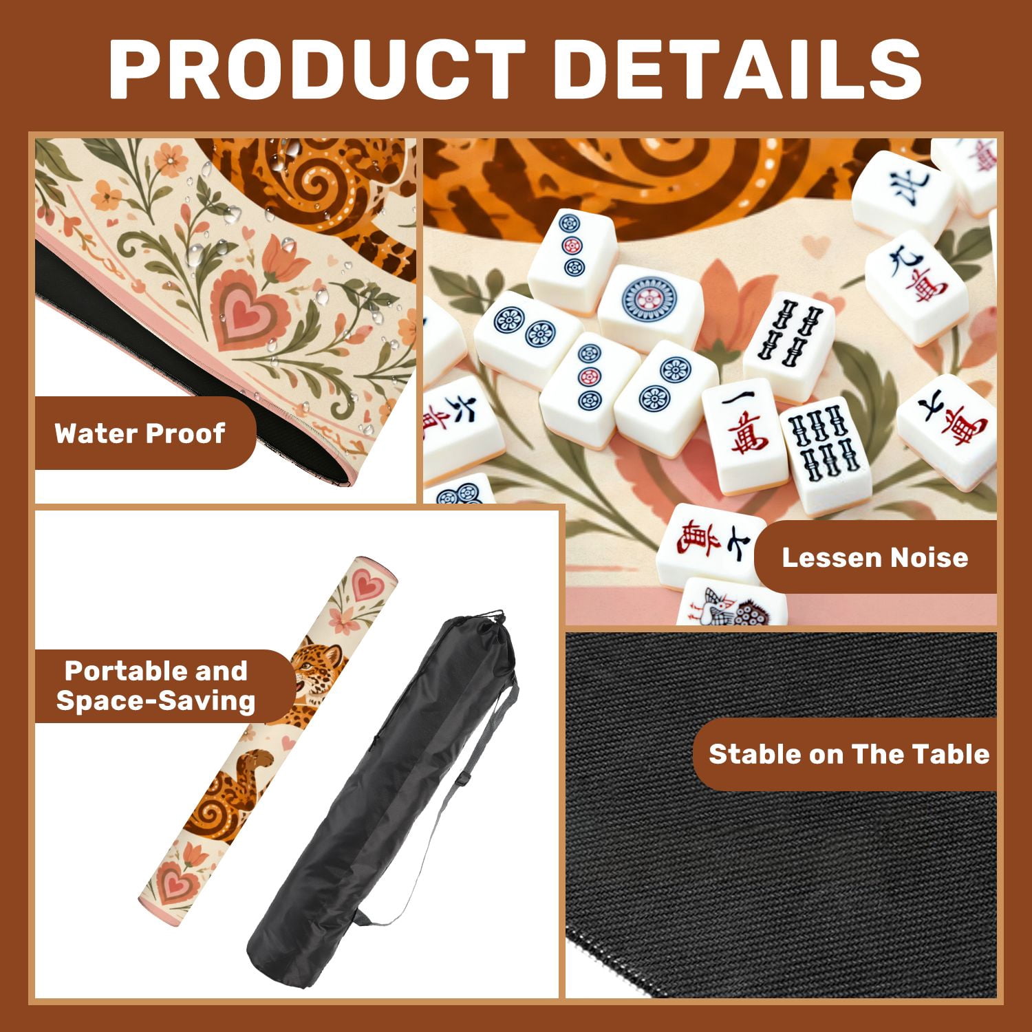 Mahjong Mat 31.5" x 31.5" Playful Jaguars Floral Swirls Heart Details Soft Pastel Colors Non-Slip Noise Reduction American Mahjong Tiles Table Cover for Dominoes Poker Card Board Games Gift