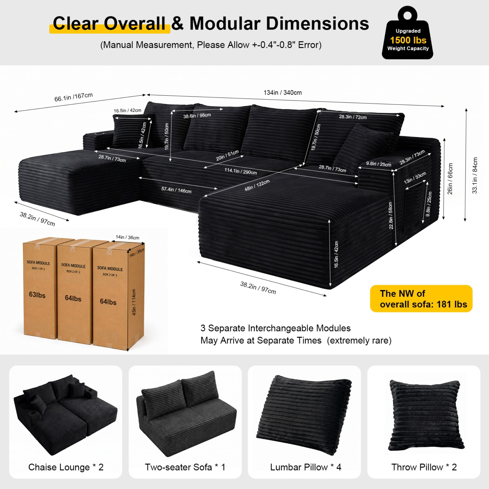 DEALTOPS 134" Corduroy U-Shape Modular Cloud Couch, Double Chaise Sectional Sofa with Cup Holders, Black